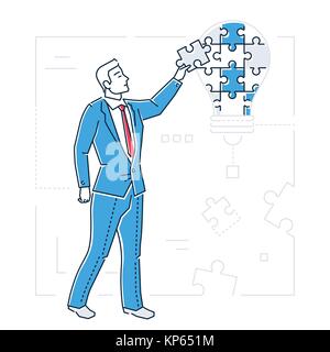 Businessman doing puzzle - line design style isolated illustration on white background. Metaphorical image of a lamp. Man is putting pieces together,  Stock Vector