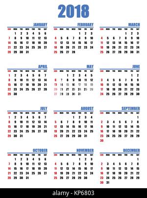 Simple editable vector calendar for year 2018 sundays in red first Stock Vector