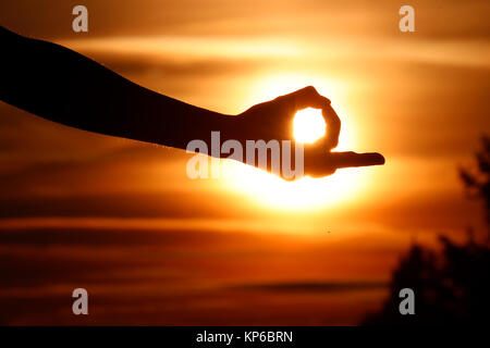 Close-up of a female hand forming a Mudra gesture used in yoga practice and meditation. France. Stock Photo