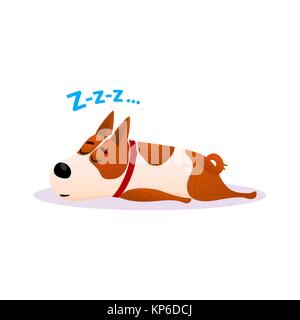 Funny cartoon sleeping dog portrait. Cute dozing flat character. Happy resting puppy of terrier isolated on white background. Napping doggy wearing red collar. Colorful vector illustration. Stock Vector