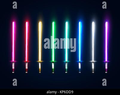 Neon light swords set. Colorful glowing sabers collection isolated on dark blue background. Luminous weapon elements for game design. Futuristic vector illustration. EPS 10 Stock Vector