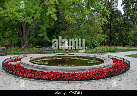 Beautiful autumnal venerable forest with fountain and flower in National monument of landscape architecture Park museum Vrana, Sofia Stock Photo