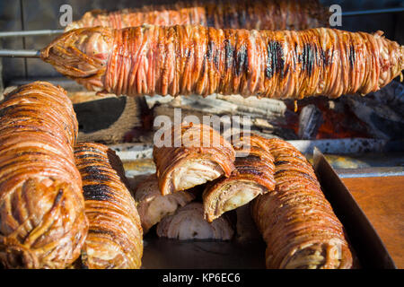 turkish street food kokorec made with sheep bowel cooked in wood fired oven Stock Photo