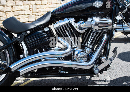Harley Davidson softail motorcycle v twin engine detail. UK Stock Photo