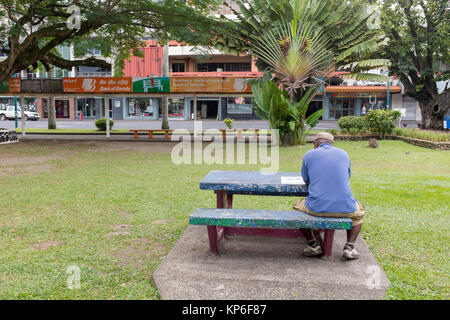 Man reading newspaper, Ratu Sukuna Park, Suva, capital city Fiji, South pacific Stock Photo