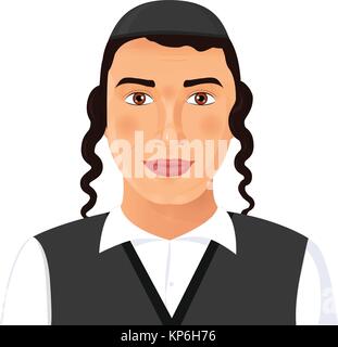 Jewish young man face portrait with hat in a black suit. Jerusalem. Israel. Vector Illustration isolated on white background. Stock Vector