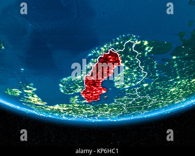 Sweden in red with visible country borders and city lights from space at night. 3D illustration. Elements of this image furnished by NASA. Stock Photo