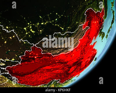 China in early morning light highlighted in red on planet Earth with visible border lines and city lights. 3D illustration. Elements of this image fur Stock Photo
