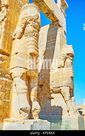 The stone statues of Lamassu (Assyrian deity) are the part of the eastern entrance to the All Nations Gate (Xerxes Gate), Persepolis archaeological si Stock Photo