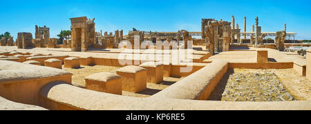 Panorama of ancient ceremonial capital of Persian Empire - Persepolis with preserved ruins of palaces and ritual buildings, Iran. Stock Photo