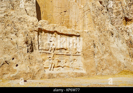 The panels with equestrian reliefs, carved in Hossein Mount, Naqsh-e Rustam Necropolis, Iran. Stock Photo