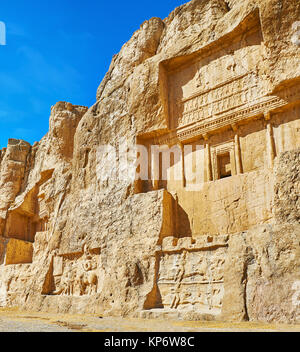 Naqsh-e Rustam Necropolis is popular archaeological zone in Fars Province of Iran, located next to Persepolis. Stock Photo