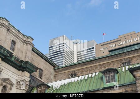 Montreal, Canada - December 11, 2017: Victoria place one skyscraper and The Queen Elizabeth Hotel in Montreal downtown, Canada Stock Photo