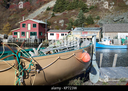 Houses with fishing boats on waterfront of historic Quidi Vidi Village, Newfoundland, Canada. Stock Photo