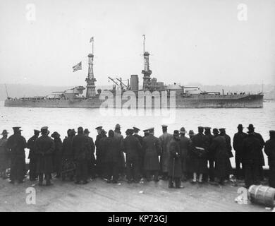 Watching the U.S.S. Arizona in great naval review in New York City. Stock Photo