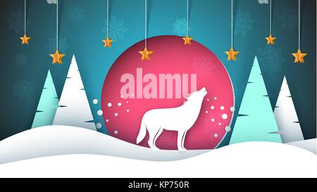 Lone wolf howls to the moon. Merry christmas, happy new year. Winter paper illustration. Stock Vector