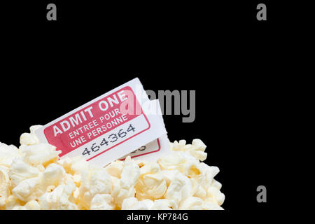 closed up popcorn with tickets Stock Photo
