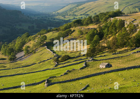 Long-distance view from Conistone Pie toward Kettlewell and Halton Gill, over beautiful Yorkshire Dales countryside - North Yorkshire, England, UK Stock Photo