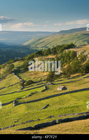 Long-distance view from Conistone Pie toward Kettlewell and Halton Gill, over beautiful Yorkshire Dales countryside - North Yorkshire, England, UK. Stock Photo