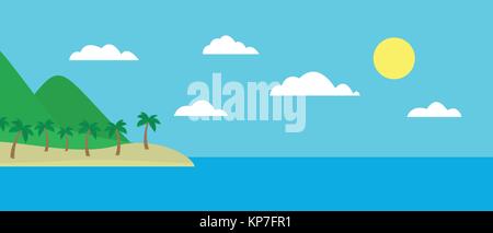 Cartoon colorful view of tropical island with beach under hills, mountains and palms in the middle of blue sea under clear sky with clouds and sun on  Stock Vector