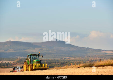 Ploughing a Stubble Field Late on a November Afternoon with Bennachie in the Background Stock Photo