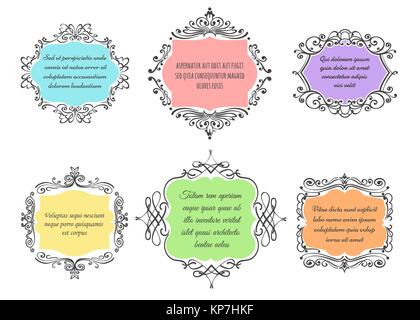 Set of colorful floral frames with decorative swrls isolated on white background. design elements for birthday card, wedding invitations. Vector illus Stock Vector