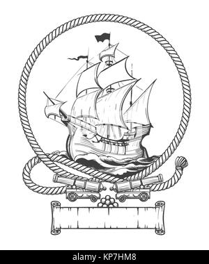 Sailing ship in rope frame with ship cannons drawn in engraving style. Vector illustration. Stock Vector