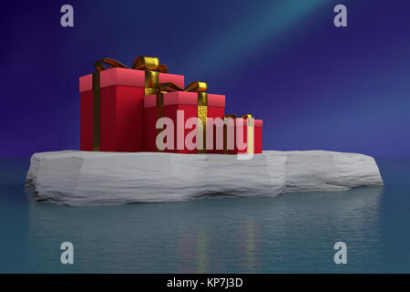 3D rendering of three red xmas present boxes with golden ribbons placed on ice floe floating on sea surface against dark blue sky Stock Photo