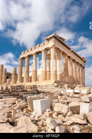 Parthenon temple on a bright day. Acropolis in Athens, Greece. Vertical panorama image.