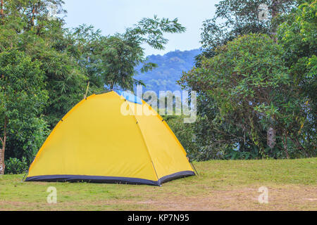 tent on campground in morning Stock Photo