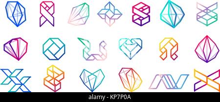 Set of minimal geometric multicolor symbol set shapes. Trendy icons and logotypes. Business signs symbols, labels, badges, frames and borders Stock Vector