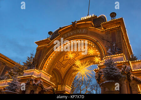 The main entrance to Tivoli gardens in Christmas decoration at night, Copenhagen, Denmark, December 12, 2017 Stock Photo