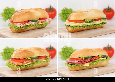 collage of sandwiches baguettes for breakfast topped with salami ham fish and cheese Stock Photo