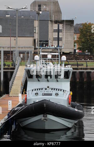 HMC Active, a 20 metre coastal patrol vessel operated by the UK Border Force, berthed in East India Harbour in Greenock on the Firth of Clyde. Stock Photo