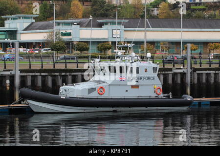 HMC Active, a 20 metre coastal patrol vessel operated by the UK Border Force, berthed in East India Harbour in Greenock on the Firth of Clyde. Stock Photo