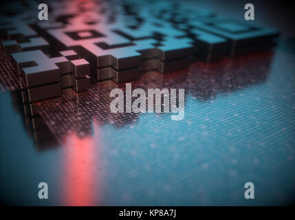 Quick response code (QR Code) in 3D dimension that reflects the red light reader. Stock Photo