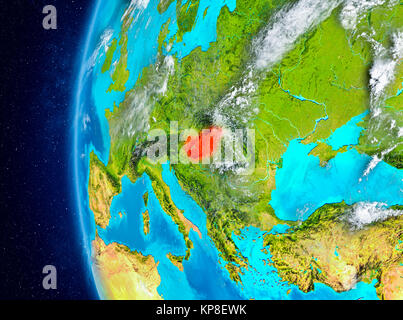 Map of Hungary as seen from space on planet Earth with clouds and atmosphere. 3D illustration. Elements of this image furnished by NASA. Stock Photo