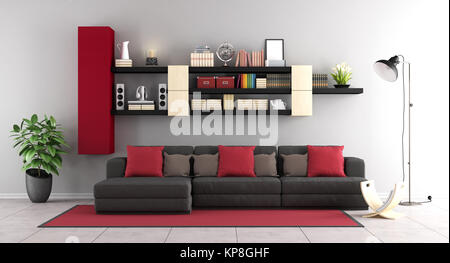 A contemporary living room with a grey sofa, dining table, and coffee ...