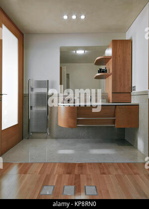 interior view of a modern bathroom in foreground wood funiture for washbasin Stock Photo