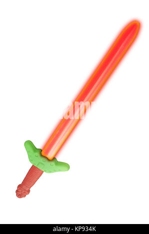 Red plastic toy sword with growing light isolated on a white background Stock Photo