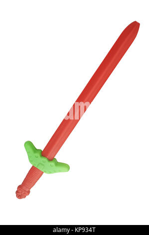 Red plastic toy sword with growing light isolated on a white background Stock Photo