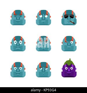 Robot set emoji avatar. sad and angry face. guilty and sleeping. Cyborg sleeping emotion face. Robotic man Eggplant. Vector illustration Stock Vector