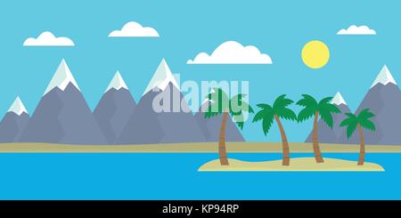 Mountain cartoon view of an island in the sea with hills, trees and gray mountains with peaks under snow under a blue day sky with clouds with a strai Stock Vector