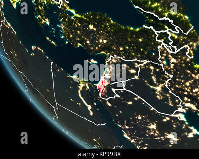 Satellite view of Israel highlighted in red on planet Earth at night with borderlines and city lights. 3D illustration. Elements of this image furnish Stock Photo