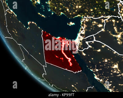 Satellite view of Egypt highlighted in red on planet Earth at night with borderlines and city lights. 3D illustration. Elements of this image furnishe Stock Photo