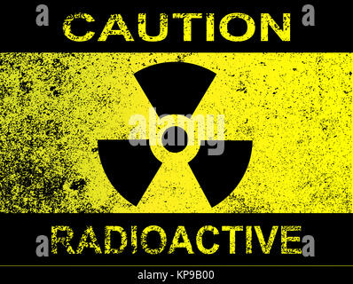 Caution radioactive contamination warning sign with barb wire fence