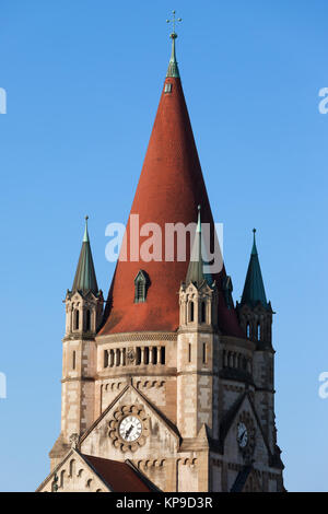 Austria, Vienna, Saint Francis of Assisi Church bell and clock tower top Stock Photo