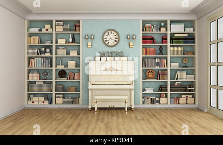 Classic livingroom with upright piano and bookcase Stock Photo