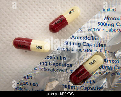 Colour-coded capsules of anti-biotic medicine AMOXICILLIN 500mg and ...