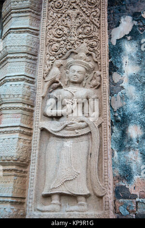 a apsara at the Prasat Sikhoraphum Temple at the Town of Sikhoraphum near the city of Surin in Isan in Thailand. Stock Photo